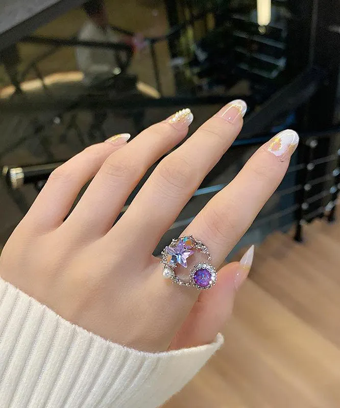 Boho Purple Copper Zircon Pearl Star Moon Rings