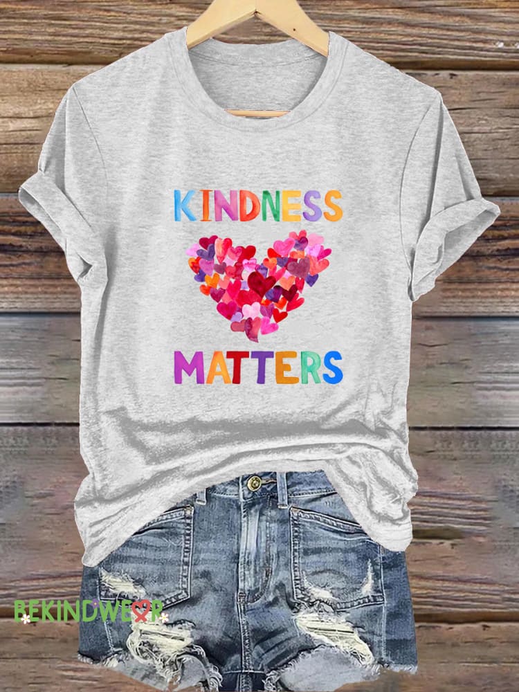 Kindness Matters Love Print Casual Crew Neck Short Sleeve T-Shirt White / S