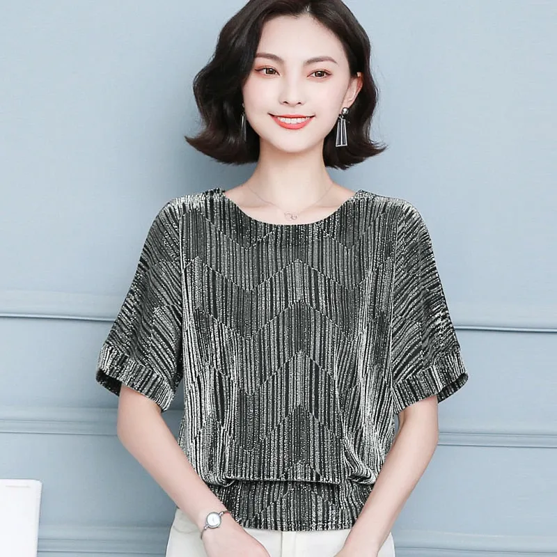 Women's Tunic Short Sleeve Shiny Tops Elegant OL Blouses with Sequins Fashion Glitter Shirts Summer Blouses Large Size 4XL 10127