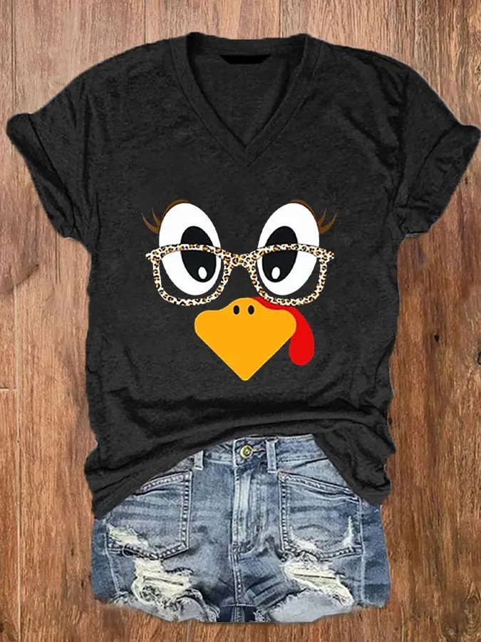 Women's Cute Turkey Fall Thanksgiving V-Neck Tee 