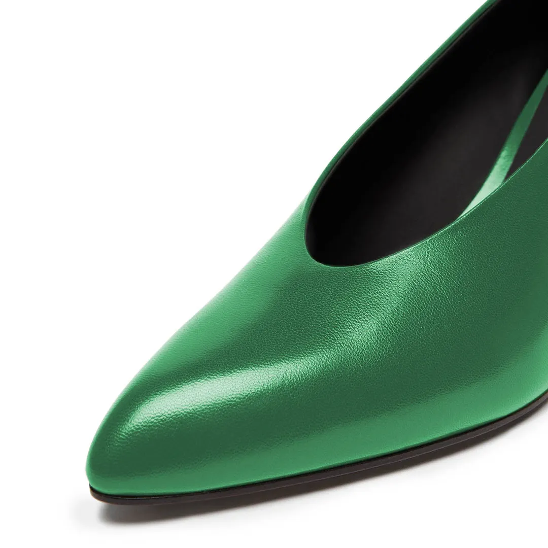 YDN Classic Green Pointed Toe Chunky Heel Slip-On Pumps Shoes