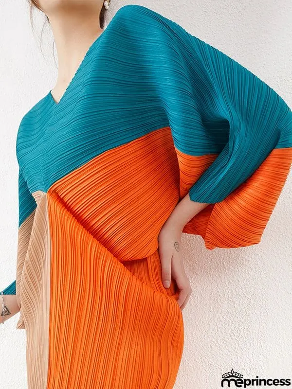 Original Loose Contrast Color Pleated V-Neck Midi Dresses