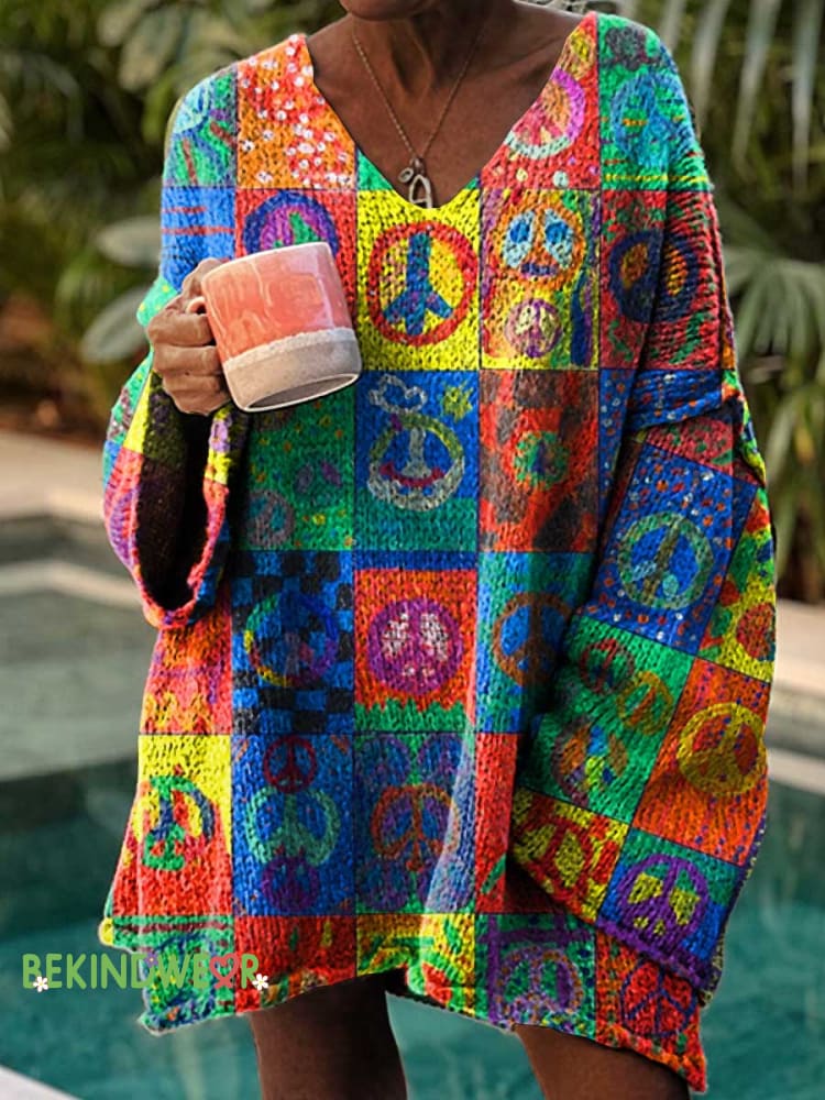 Women&rsquo;s Colorful Peace Sign Casual Pullover Sweater Multicolor / M