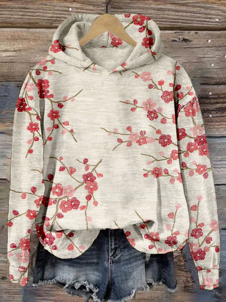 Plum Blossom Embroidered Art Vintage Cozy Hoodie