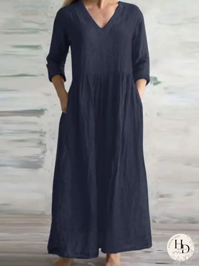 Casual Dress Cotton Linen Dress Maxi long Dress Cotton Blend Fashion Modern Outdoor Daily Vacation V Neck Ruched 3/4 Length Sleeve Summer Spring Fall Regular Fit Royal Blue Orange Green for Women