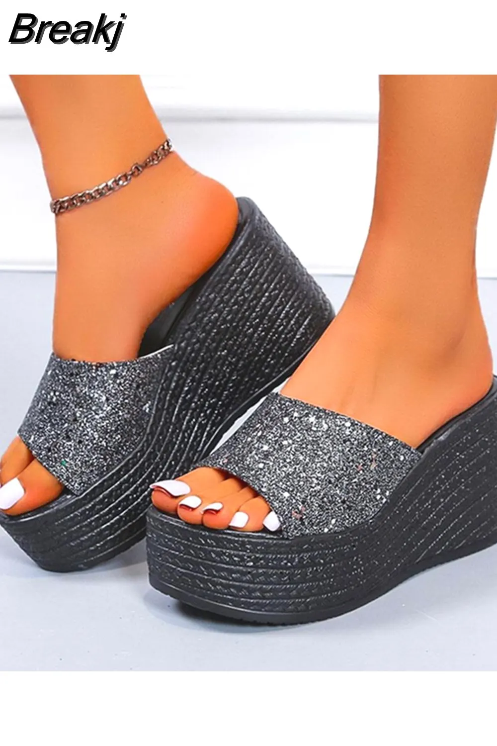 Breakj Wedge High Heeled Women Sandals New Arrived 2023 Bling Sequin Lady Slipper Peep Toe Comfort Walk Causal Sandals Plus Size