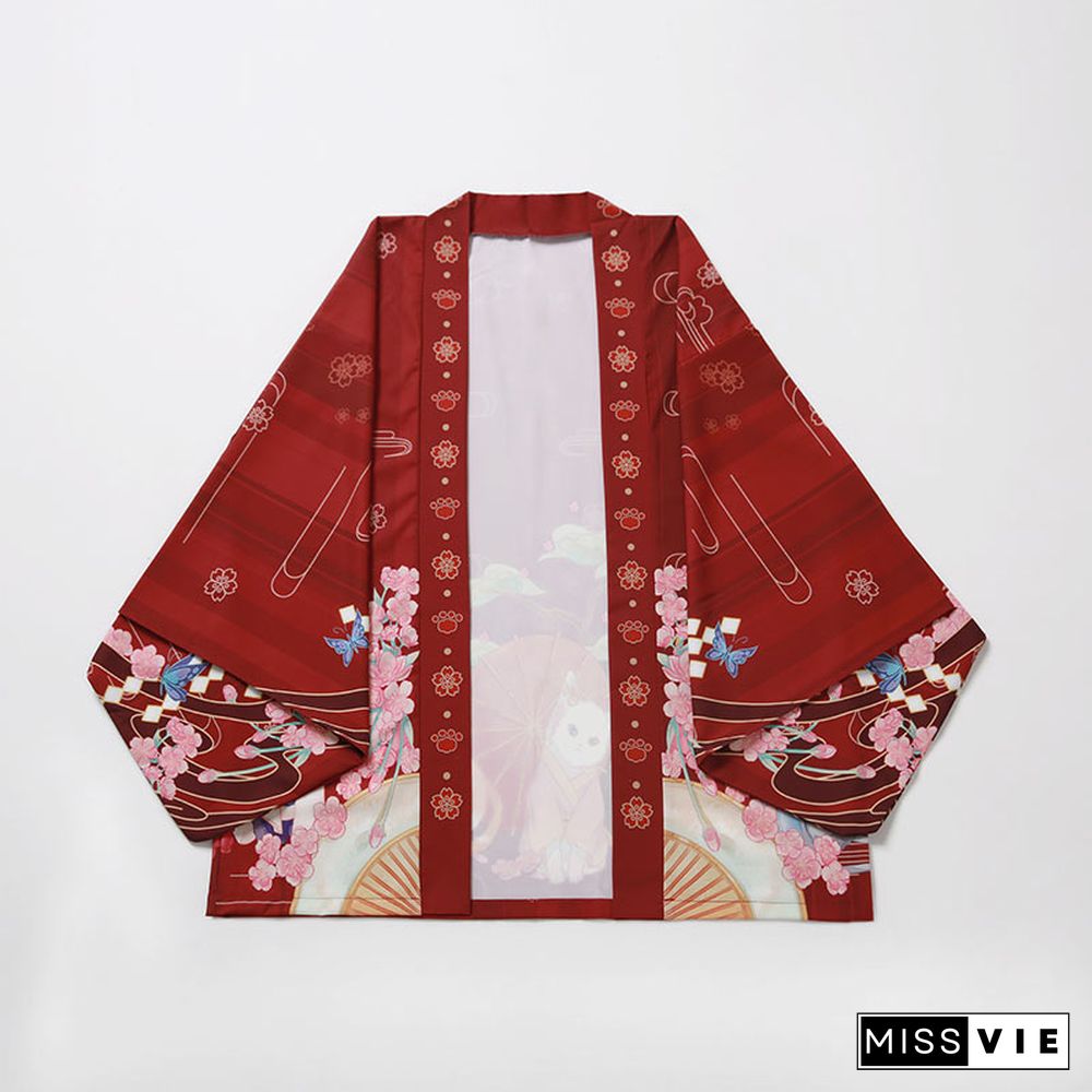 Cartoon Cat Print Loose Cardigan Kimono Outerwear