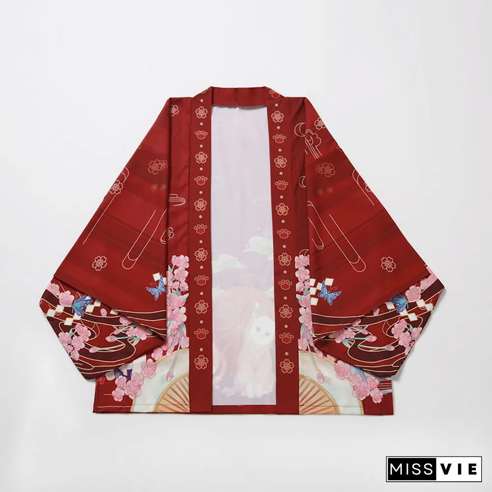 Cartoon Cat Print Loose Cardigan Kimono Outerwear