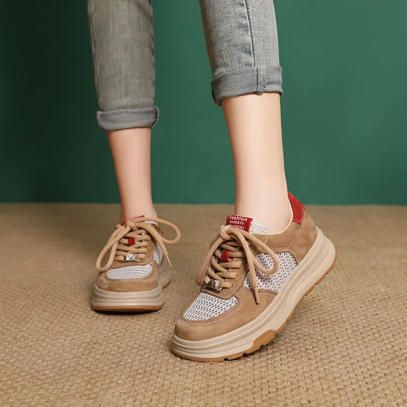 Yyvonne Layer Cowhede Thick Back Color Breathable Mesh Single Shoes 2025 Spring And Summer New Fashion Leather Casual Shoes