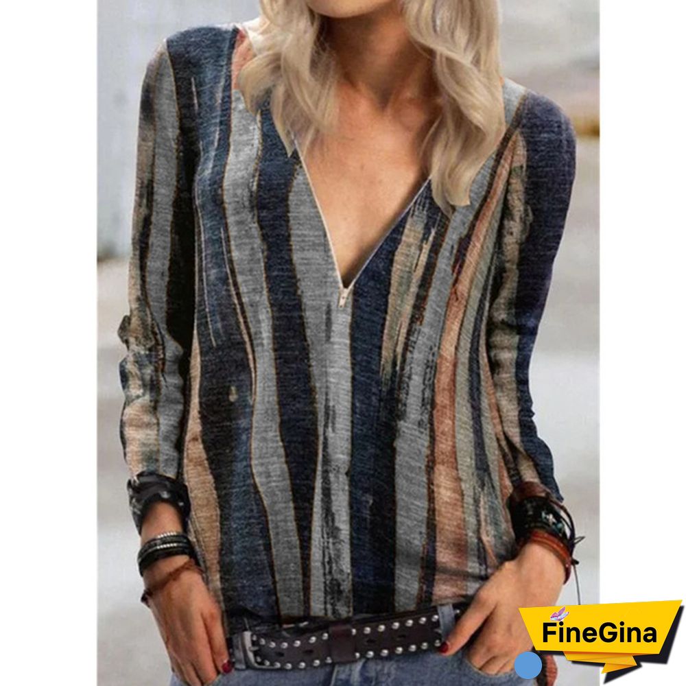Women's Fashion Plus Size Loose Tops Stripes Printed Deep V-neck Blouse Long Sleeve T-shirt
