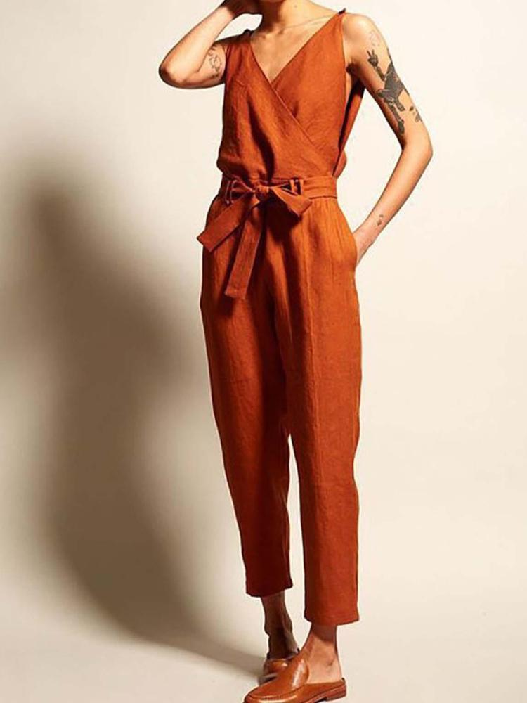 V-Neck Waistband Women's Casual Jumpsuit