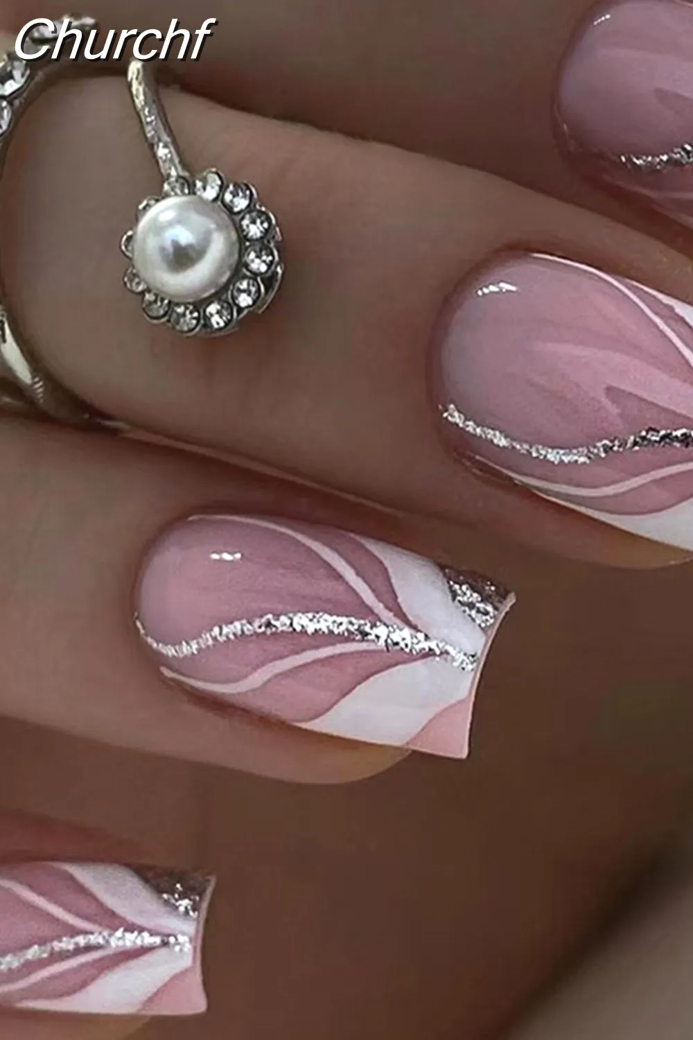Churchf White Black Short False Nails with Rhinestone Design Fake Nails Press on Nails Acrylic Full Cover Nail Art Tips 1020-0-Nail Inspo