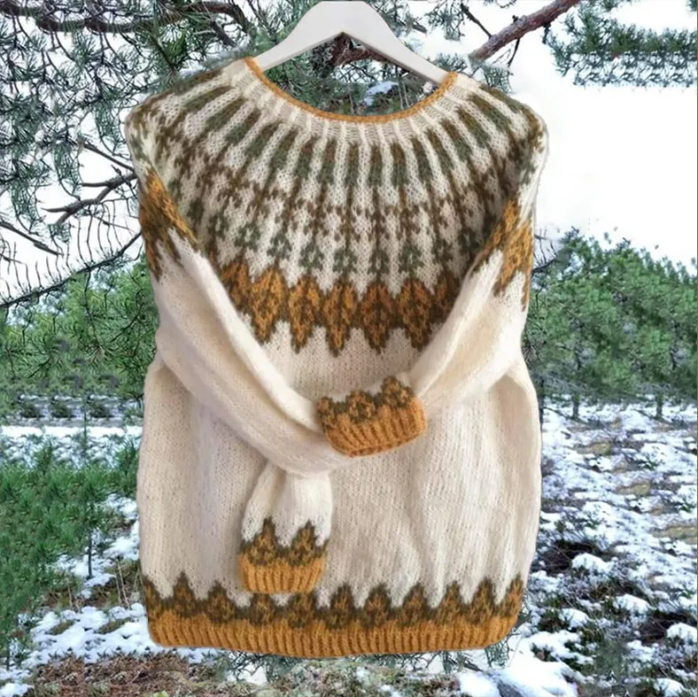 Vintage Yellow Icelandic Knit Jacquard Warmth Crew Neck Sweater Unisex