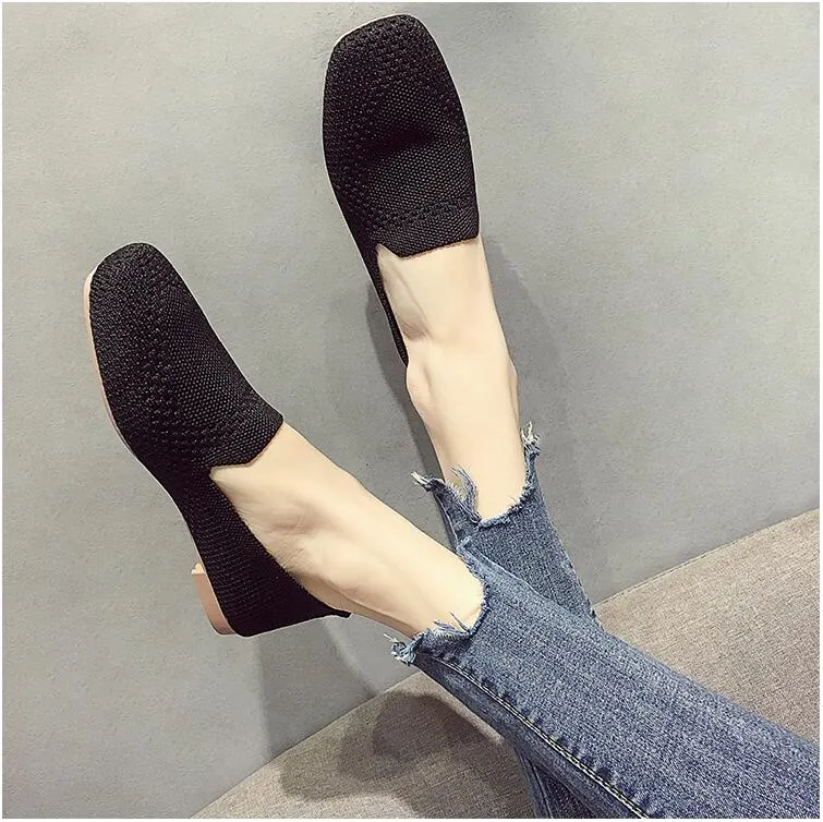 2022 Plus Size Spring New Ballet Flats Women Square Toe Knit Fabric Loafers Breathable Flat Heel Drive Shoes Driving Sneaker
