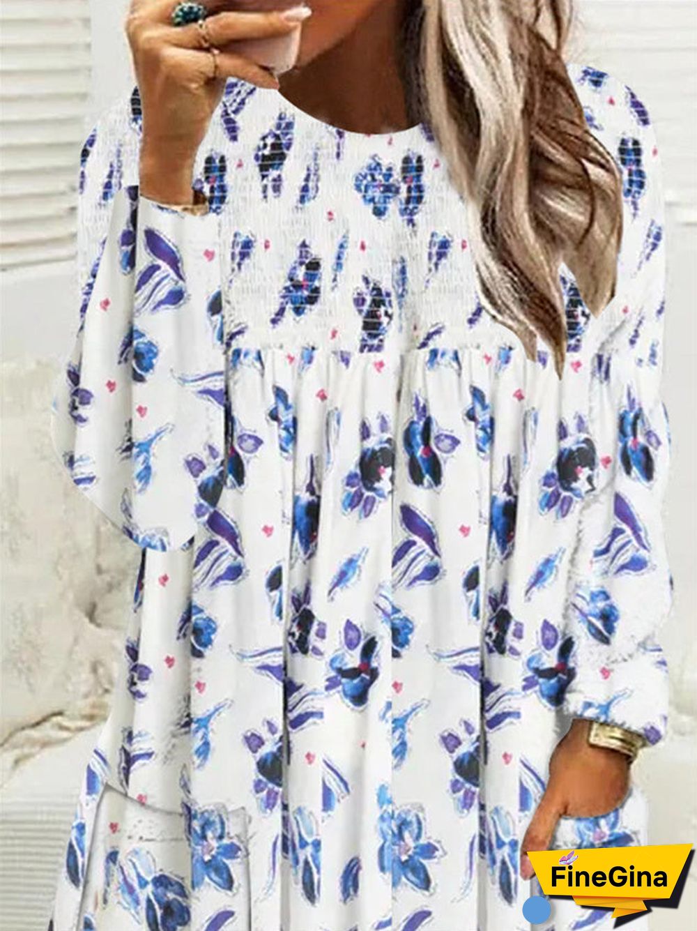 Women Long Sleeve Scoop Neck Floral Printed Pockets Tops