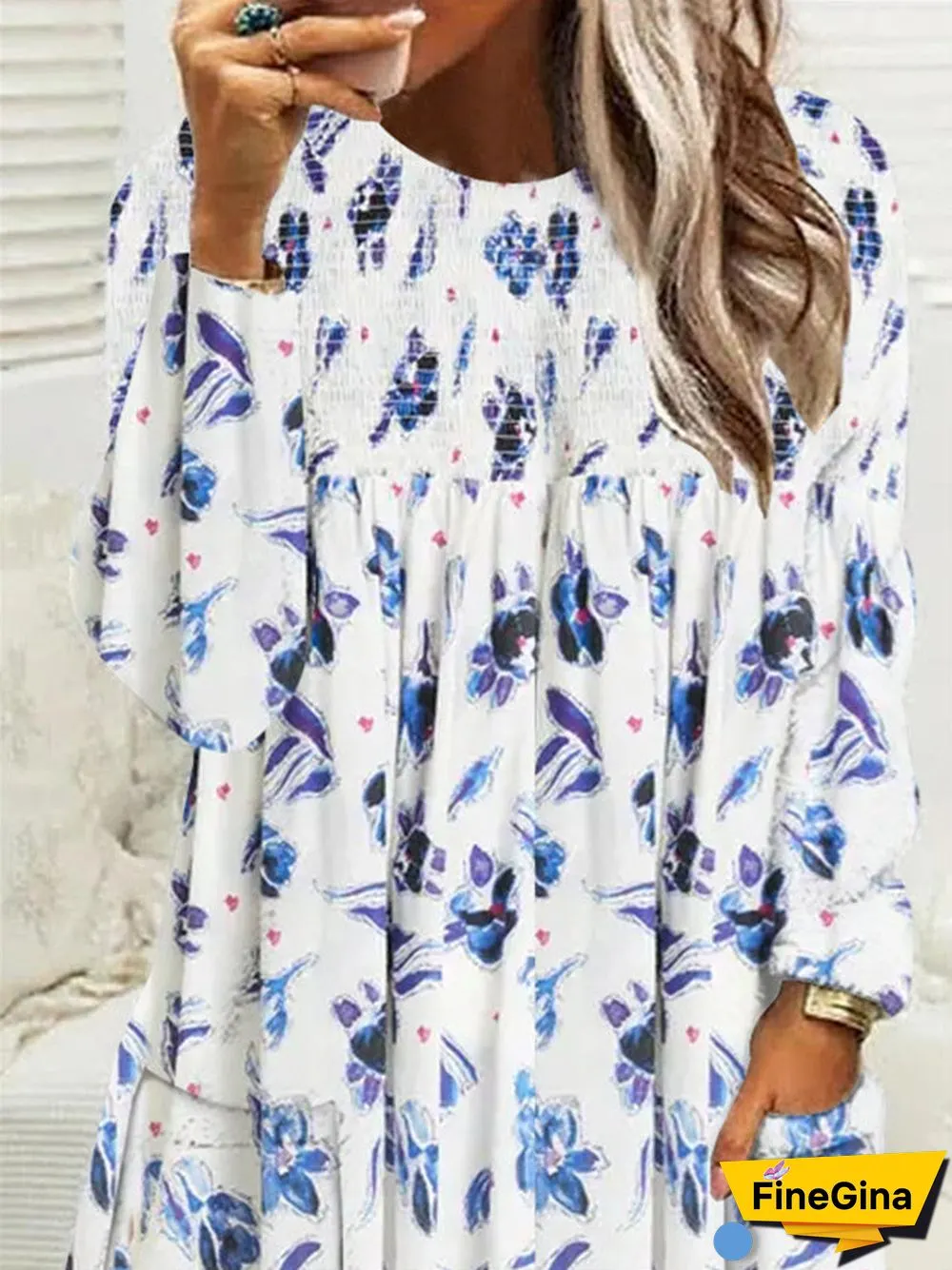 Women Long Sleeve Scoop Neck Floral Printed Pockets Tops