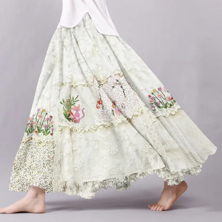 Vintage Floral Cat Lace Patchwork Art Flowy Wide Skirt