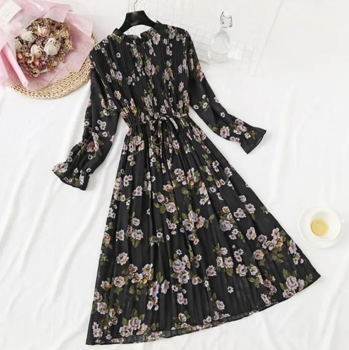 Polka Dot Print Women Chiffon Pleated Dress Sweet Flare Sleeve Party Dresses Casual Loose Lady Office Midi Dress Vestidos Mujer
