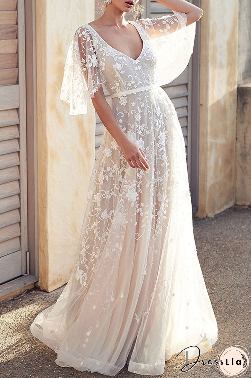 Double V-Neck Embroidered Long Dress