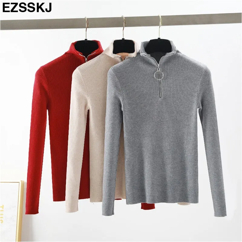 casual Zipper Sweater Women Turtleneck Solid spring autumn female Knitted sweater Pullovers long Sleeve chic Soft Jumper top