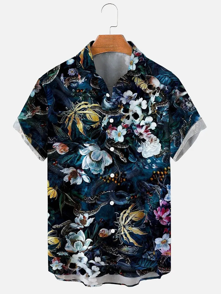 Men's Hawaiian Skull Floral Halloween Casual Print Shirt