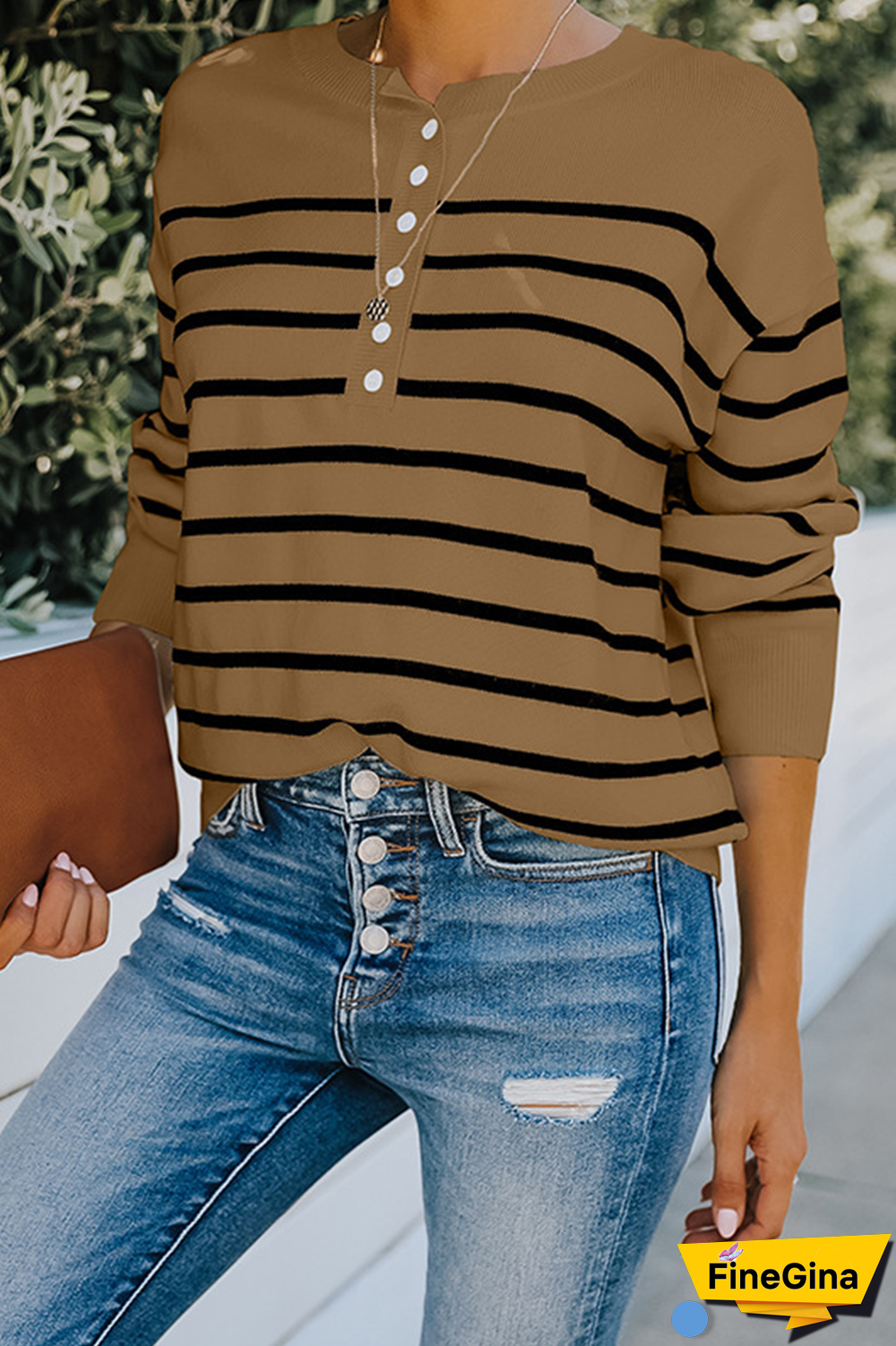 Street Striped Buckle O Neck Tops