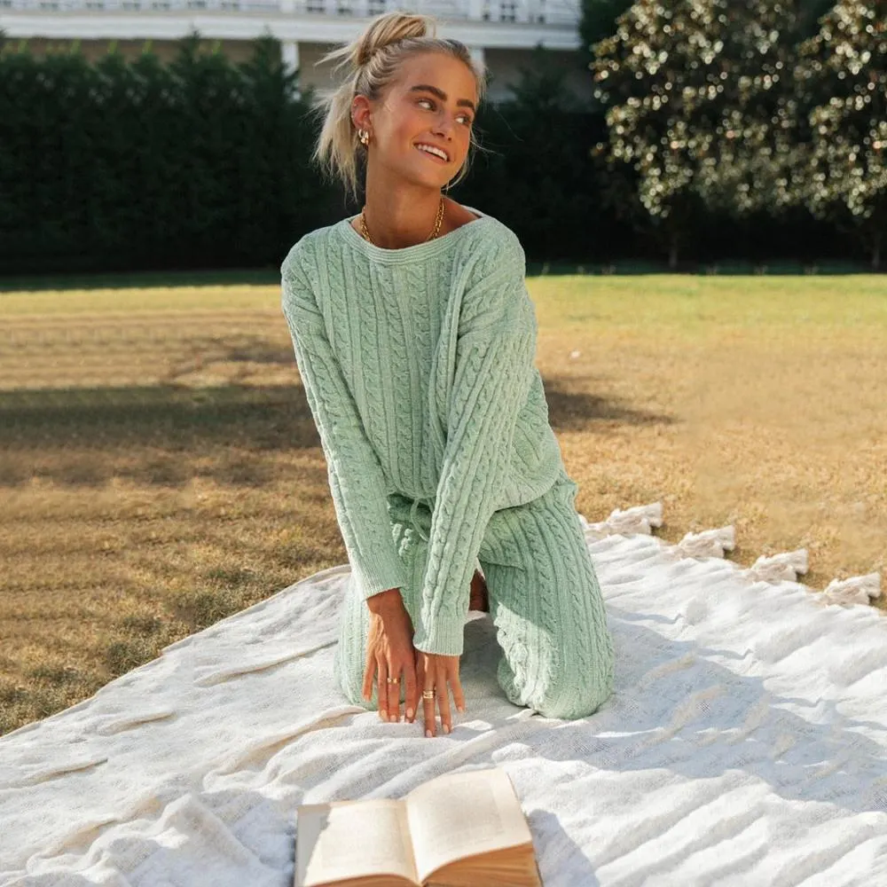Pullovers Women Sweater Set Casual Solid Autumn Winter Female Sweater Set Knitted High Stretch Full Sleeve Twisted Sweater Suit
