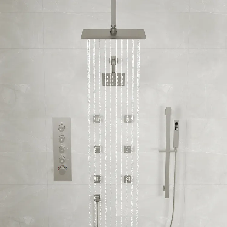 Thermostatic Rainfall Bathroom Shower System in Brushed Nickel SFS Thermostatic Rainfall Bathroom Shower System in Brushed Nickel SFS