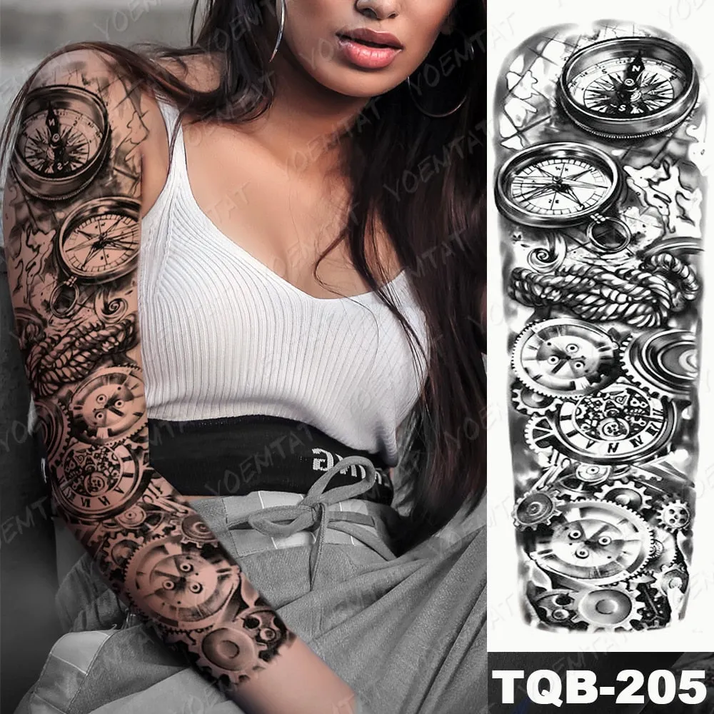 Large Arm Sleeve Tattoo Bird Crow Forest Moon Waterproof Temporary Tatto Sticker Lion Wolf Clock Body Art Full Fake Tatoo Men