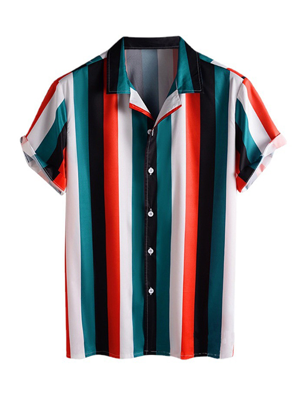 Contrast Striped Short-Sleeved Lapel Shirt