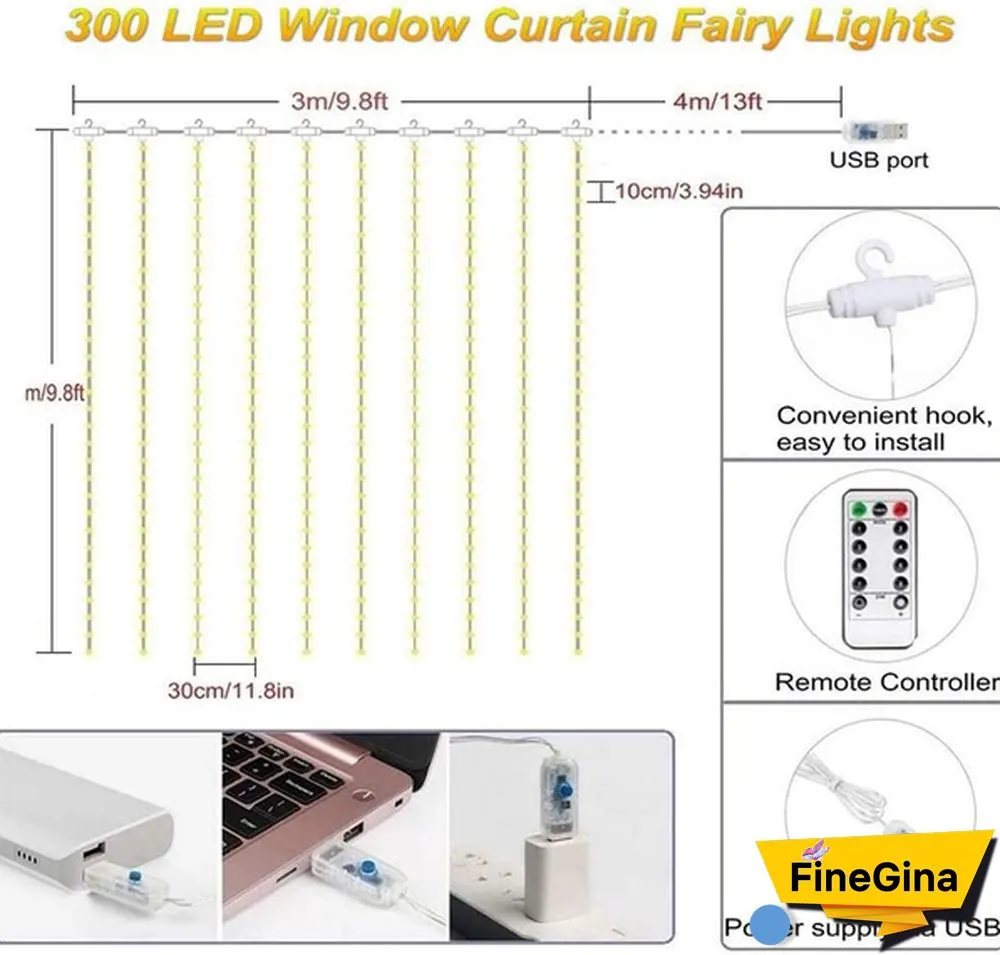 300LED Curtain String Lights 8 Modes with Remote Control Waterproof Fairy Lights Wedding Party Room Christmas Decoration Lights USB Powered