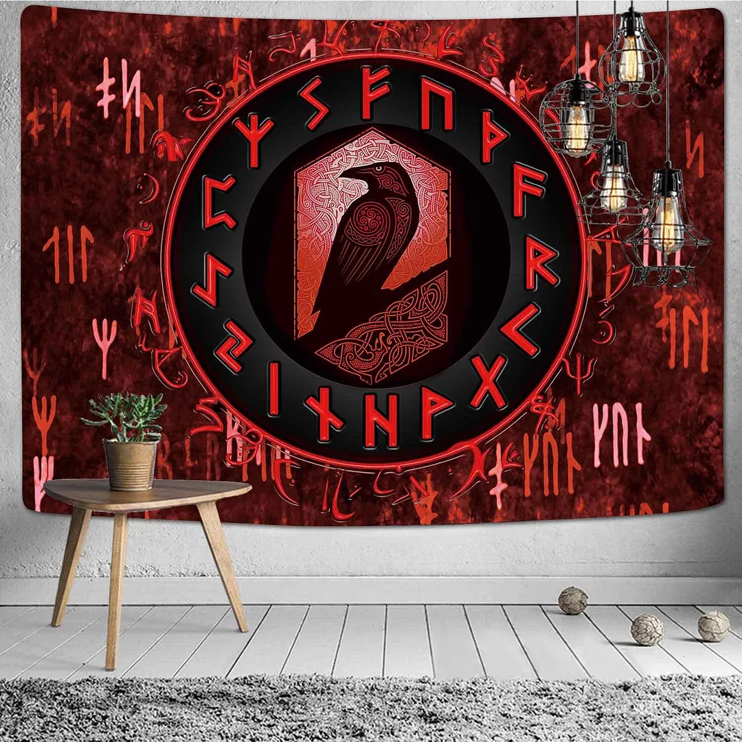Viking Raven Tapestry Mysterious Viking Meditation Psychedelic Runes Art Wall Hanging Tapestries for Living Room Decor Yoga Mat