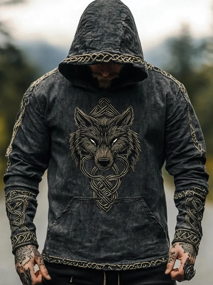 Men's Viking Wolf Embroidered Vintage Washed Hoodie