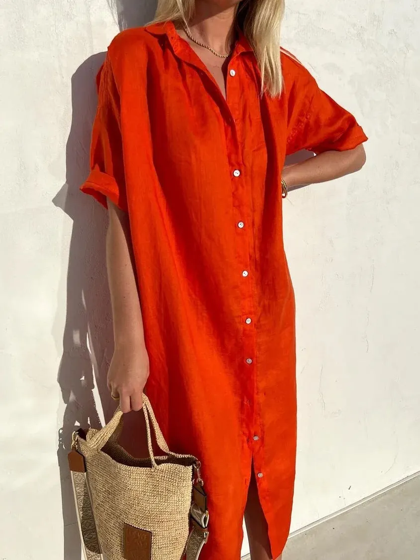 Brownm Casual Loose Sleeves Button Dress Cotton And Dresses