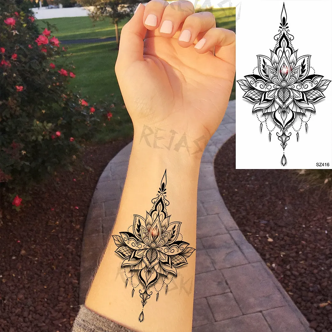 Small Henna Lotus Sexy Back Temporary Tattoos For Women Adult Feather Dandelion Fake Tattoo Body Art Waterproof Tatoos Sticker