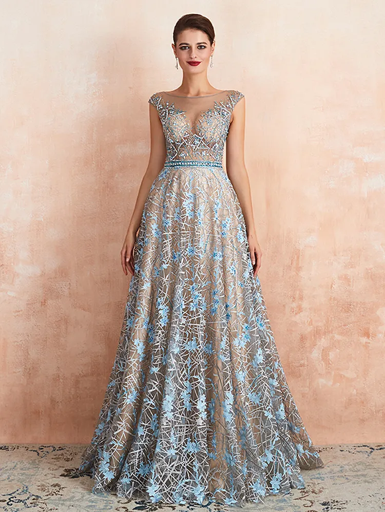 Women's Sheer Neck Long Prom Dress Sparkly Bead Lace Evening Party Ball Gown