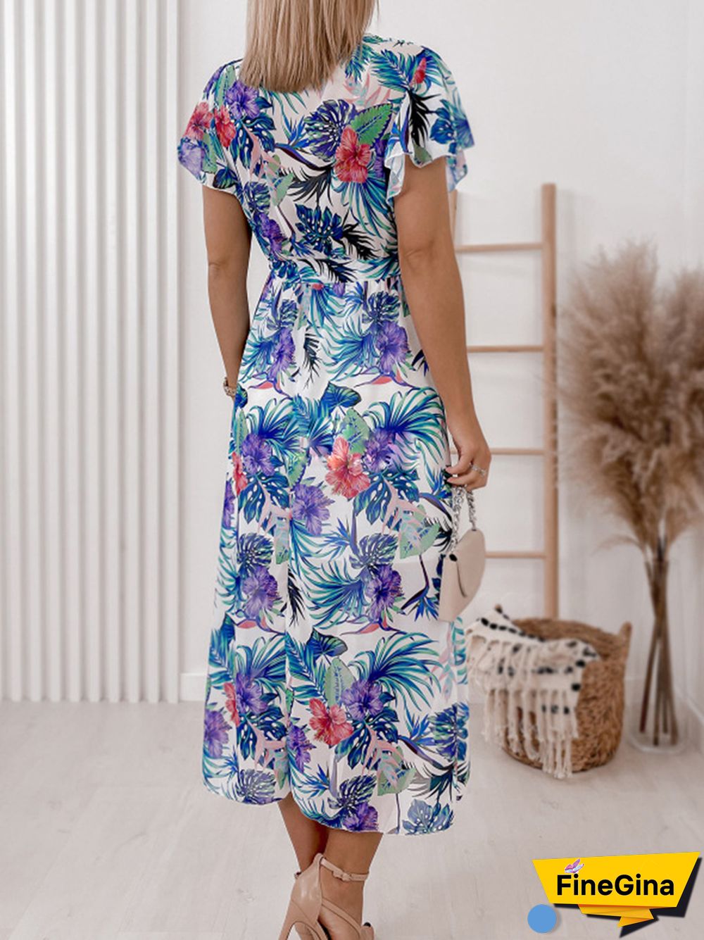 Women Casual Floral Tie-Up Long Dress Elegant V-Neck Simple A-Line Maxi Dress Mujer Summer Ruffle Sleeveless Chiffon Print Dress