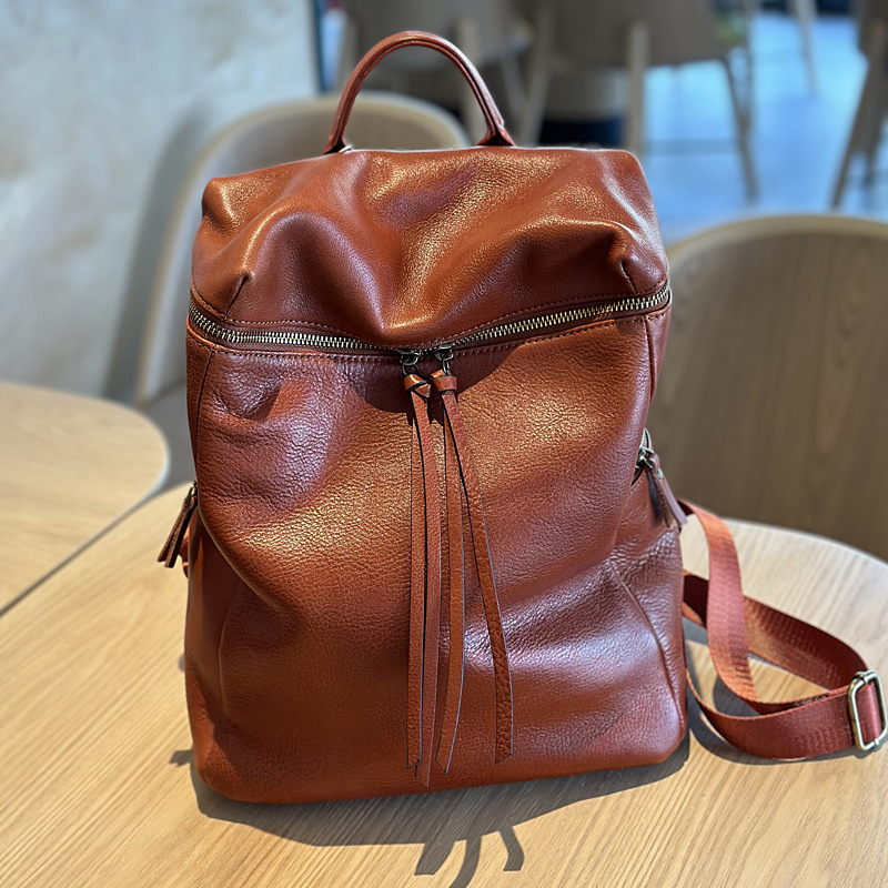 Vegetable Tanned Leather Backpack Women's Vintage Genuine Leather Women's Bag Simple Top Layer Cowhide Bag Travel Bag Large Capacity Backpack