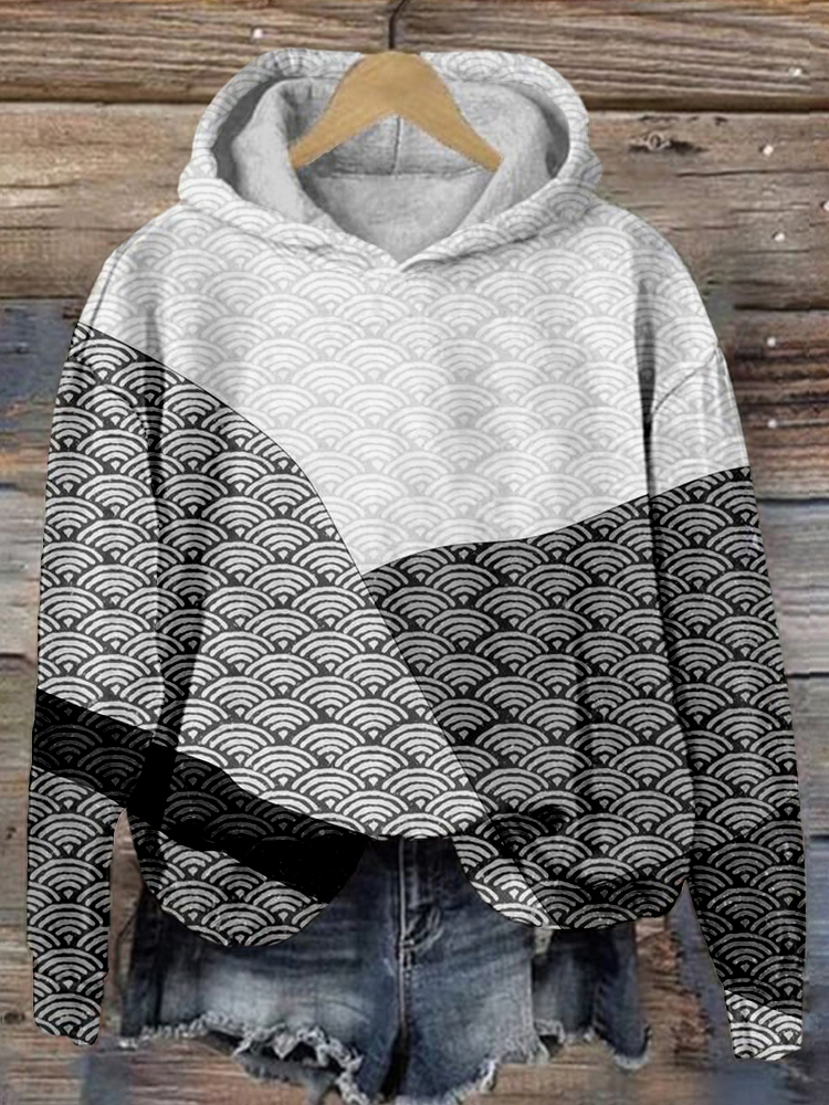 Mountain Background with Japanese Wave Pattern Cozy Hoodie