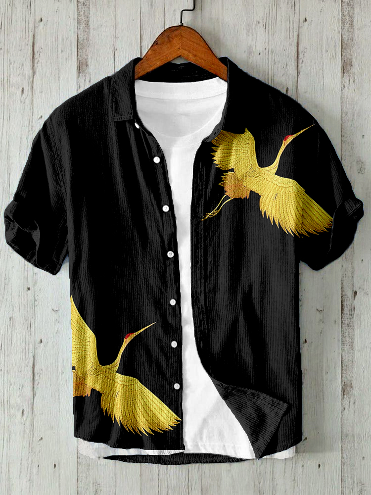 Gold Cranes Art Linen Blend Short Sleeve Shirt  artssus