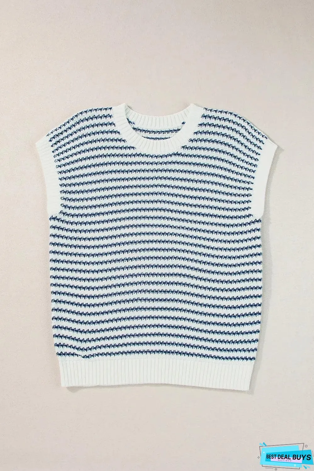 Blue Stripe Ribbed Trim Loose Fit Knitted Sweater Vest