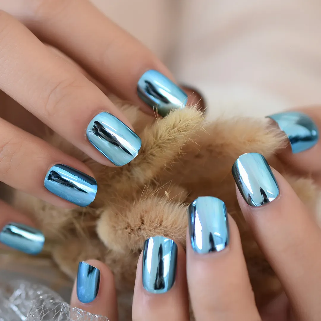 Sapphire Color Glossy Sapphire Chrome Medium-Short Nails Full Cover Nails Square Press On Nails Tips Fingernails Art EchiQ 24pcs-Nail Inspo