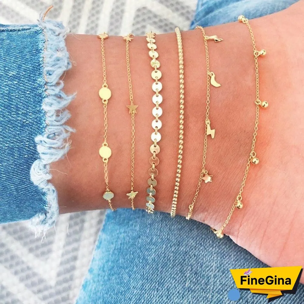 6 Pcs/Set Vintage Gold Color Anklet Women Lightning Star Moon Sequins Bracelet Boho Ankle Bracelet Foot Jewelry