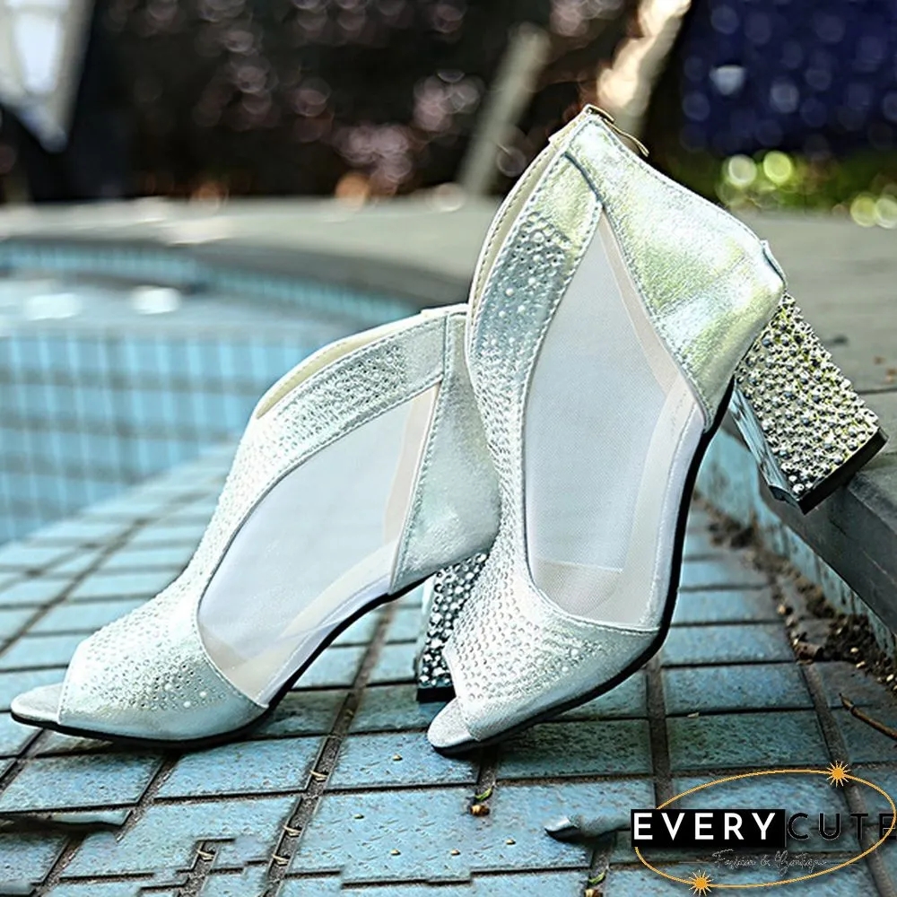 Women Sandals Bling High Heels Diamond Zipper Square Heel Women Shoes Wedding Shoes