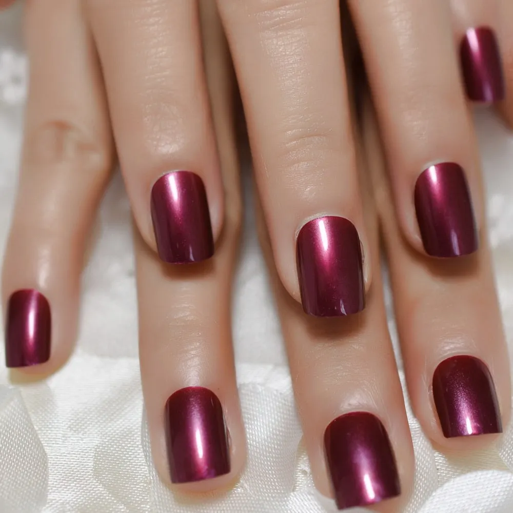 Mix Color Nail Short Squoval Dark Red Petie Fake Nails Glossy Shiny Ladies Fingernails Perfect for Office Lady with Adhesive-Nail Inspo