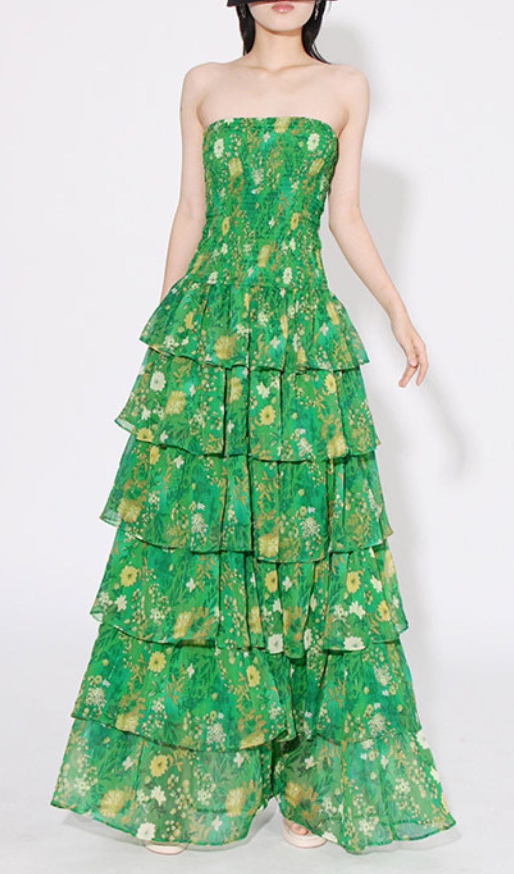 Fashionslee WomenBela Green Strapless Floral Ruffle Maxi Dress