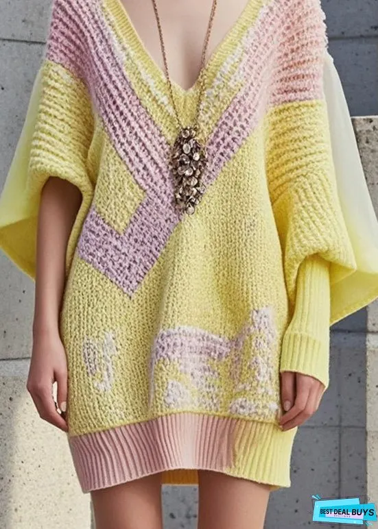 Women Yellow Asymmetrical Patchwork Long Knit Dress Fall