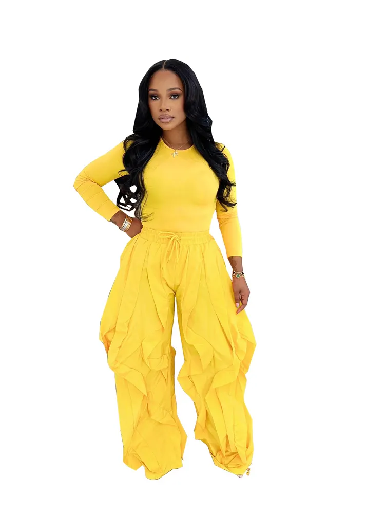 Fall 2026 Outfits Women Two Piece Set Solid Casual Long Sleeve Tops and Ruffle Drawstring Jogger Pants Streetwear Matching Sets