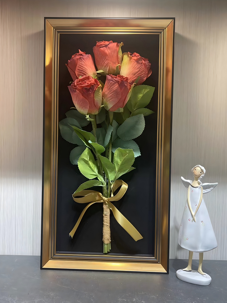 Elegant Pink Roses in Gold Framed Display(Size:9 in*18 in)