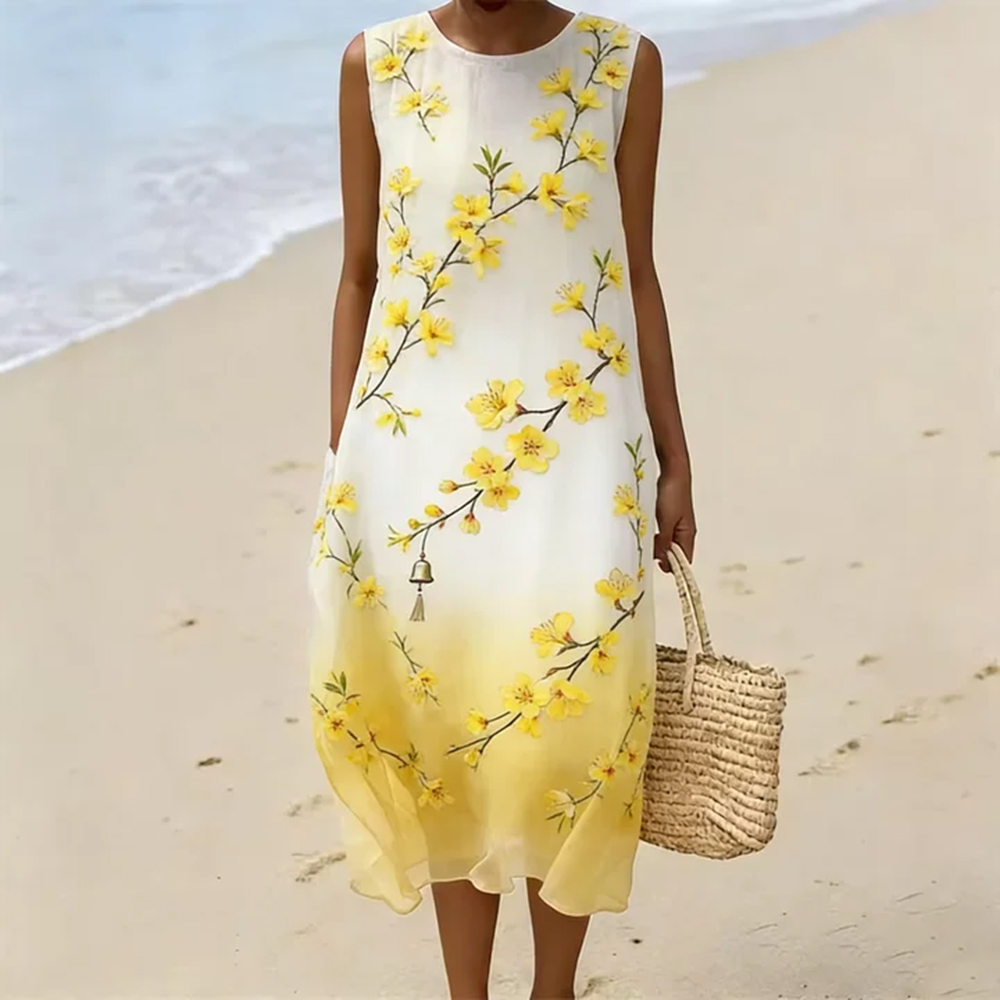 Comstylish Japanese-style Forsythia And Wind Chime Art Gradient Cotton Linen Dress